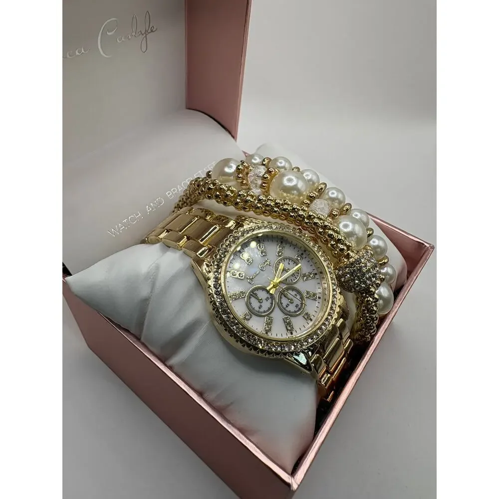Jessica Carlyle Women Gold Watch Pearl Bracelet Set White Mop Dial Crystal Pearl